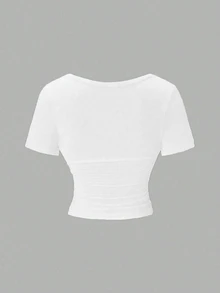 EMERY ROSE Women's Summer Solid Color Overlap V-Neck Short Sleeve Fitted Casual Holiday Cropped T-Shirt - Beige - View 2