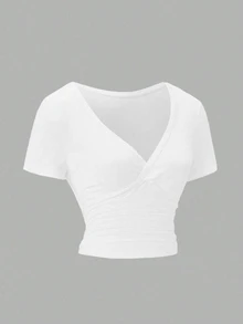 EMERY ROSE Women's Summer Solid Color Overlap V-Neck Short Sleeve Fitted Casual Holiday Cropped T-Shirt - Beige - View 3
