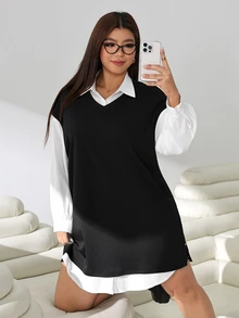 Solflare Setelan Kemeja dan Rompi Elegan Gaya Balap Tradisional Lembut Ukuran Besar Musim Gugur Era 1960-an, 2 Potong, Cocok untuk Hari Guru, Kantor, Formal, Klub, Warna Hitam Putih - Hitam dan Putih - View 7