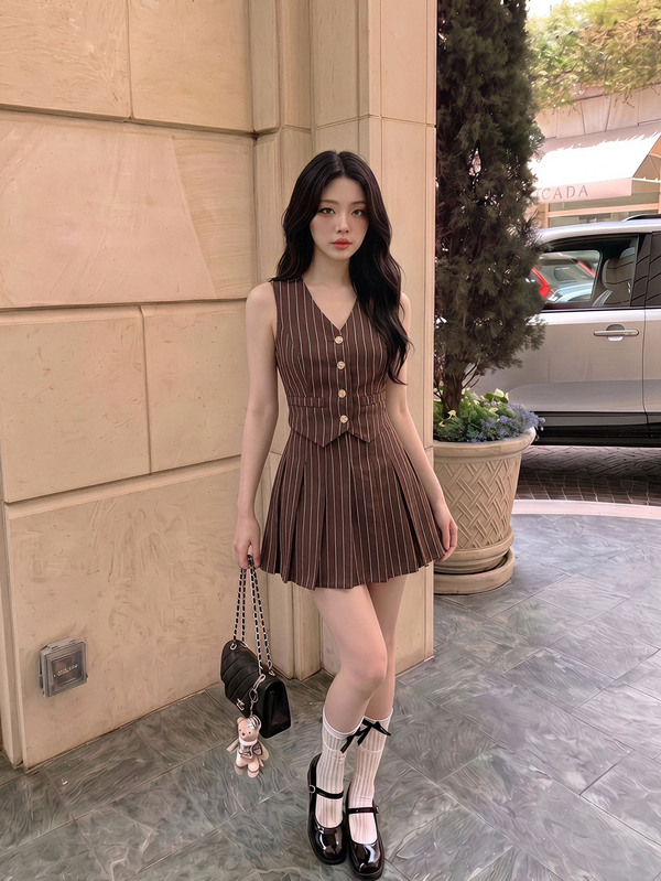 SHEIN MOD Women's Striped V-Neck Single-Breasted Vest And Mini Skirt Suit Set,School Girl Outfit Women Dress,Vintage Red-Brown Stripes Set