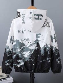 青少年男孩雪山風景印花連帽拉鍊防風夾克，漸層漸變標語圖案，秋冬季 - 黑與白 - 查看 2