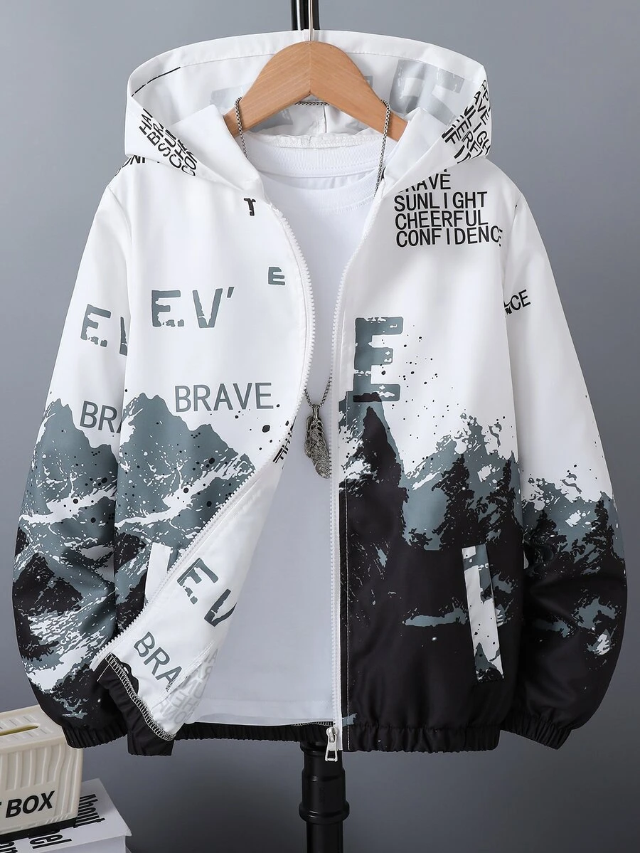 青少年男孩雪山風景印花連帽拉鍊防風夾克,漸層漸變標語圖案,秋冬季 - 黑與白 - 查看 1