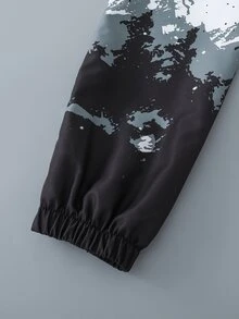 青少年男孩雪山風景印花連帽拉鍊防風夾克，漸層漸變標語圖案，秋冬季 - 黑與白 - 查看 4