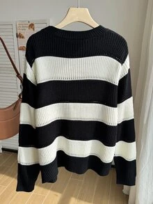 Comfortcana Plus Solid Spring Ribbed Knit Sweater - Black and White - View 2