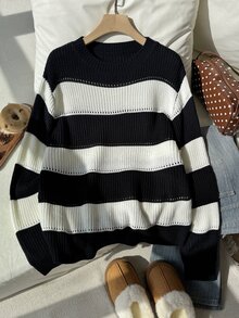 Comfortcana Plus Solid Spring Ribbed Knit Sweater - Black and White - View 7