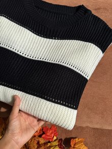 Comfortcana Plus Solid Spring Ribbed Knit Sweater - Black and White - View 6