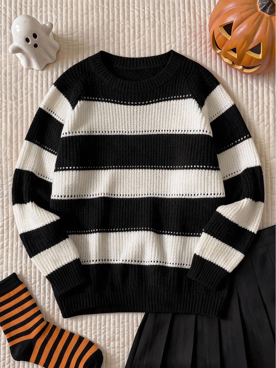 Comfortcana Plus Solid Spring Ribbed Knit Sweater - Black and White - View 1