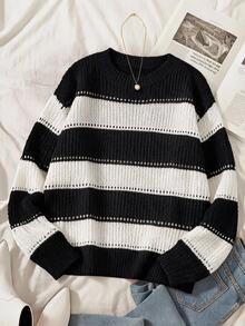 Comfortcana Plus Solid Spring Ribbed Knit Sweater - Black and White - View 9