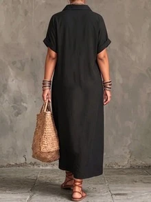 SHEIN LUNE CURVE 大尺碼女款梭織休閒夏日波希米亞風舒適通勤極簡短袖拼色拼接寬鬆長版黑色洋裝度假風 - 黑色 - 查看 2
