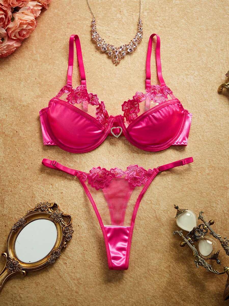 PinupPomp Women's Sexy Hollow Lace Striped Opaque Bra With Underwire Cups And T-Back Panty Lingerie Set 2pcs - Hot Pink - View 1
