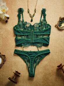 PinupPomp 性感透視刺繡兩件式套裝 - 綠色 - 查看 2