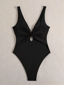 Swim Vcay 新款女款夏季細肩帶綴珠露背紋理提花面料深V領性感海灘度假一件式泳衣 - 黑色 - 查看 3