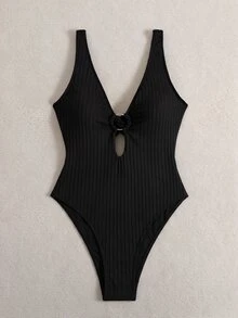 Swim Vcay 新款女款夏季細肩帶綴珠露背紋理提花面料深V領性感海灘度假一件式泳衣 - 黑色 - 查看 4