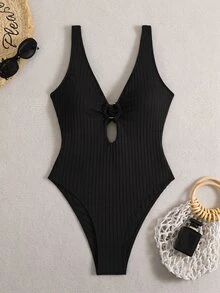 Swim Vcay 新款女款夏季細肩帶綴珠露背紋理提花面料深V領性感海灘度假一件式泳衣 - 黑色 - 查看 2