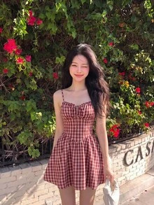 Skyraze Women's Preppy Cute Core Cottagecore Style Vintage Dress, Party Picnic Vacation Dress Red And White Plaid Summer,Halloween - Red - View 1