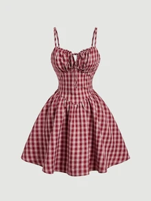 Skyraze Women's Preppy Cute Core Cottagecore Style Vintage Dress, Party Picnic Vacation Dress Red And White Plaid Summer,Halloween - Red - View 5