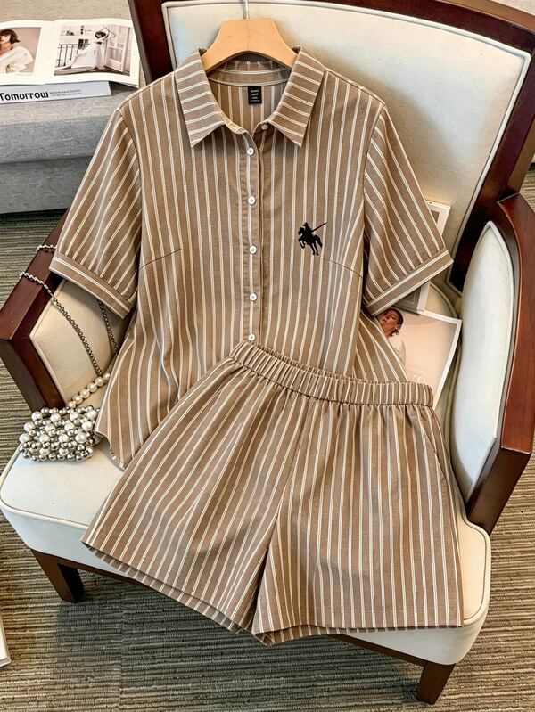 GlowEve CURVE Casual Loose Short Sleeve Shirt With Embroidered Pony & Striped Shorts, Plus Size 2 Pieces Set
