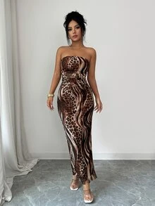 SHEIN Raffinéa 女款優雅抓皺紮染網紗印花抹胸收腰開衩派對洋裝 - 咖啡 - 查看 5