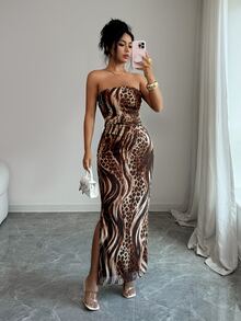 SHEIN Raffinéa 女款優雅抓皺紮染網紗印花抹胸收腰開衩派對洋裝 - 咖啡 - 查看 7