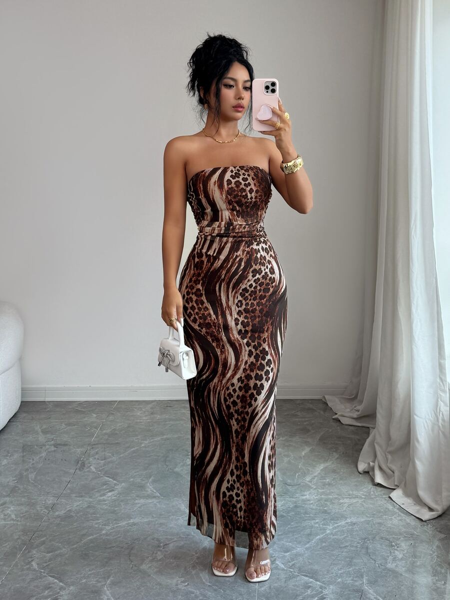 SHEIN Raffinéa 女款優雅抓皺紮染網紗印花抹胸收腰開衩派對洋裝 - 咖啡 - 查看 1