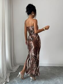 SHEIN Raffinéa 女款優雅抓皺紮染網紗印花抹胸收腰開衩派對洋裝 - 咖啡 - 查看 2