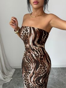 SHEIN Raffinéa 女款優雅抓皺紮染網紗印花抹胸收腰開衩派對洋裝 - 咖啡 - 查看 6