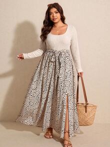 Elaquor Plus Size French Style Ribbed Patchwork Floral Print Tie-Up Slit Long Sleeve Vacation Dress Fall - Multicolor - View 8
