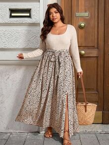 Elaquor Plus Size French Style Ribbed Patchwork Floral Print Tie-Up Slit Long Sleeve Vacation Dress Fall - Multicolor - View 5