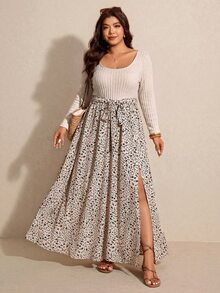 Elaquor Plus Size French Style Ribbed Patchwork Floral Print Tie-Up Slit Long Sleeve Vacation Dress Fall - Multicolor - View 4