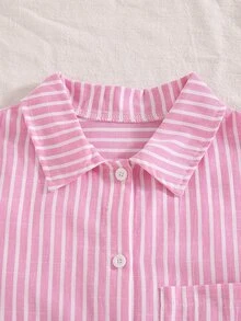 SHEIN 少女粉色與白色條紋輕量防曬襯衫，適合秋季、假期、旅行、學校，可愛風格 - 粉色 - 查看 5