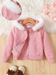 SHEIN 女童 3D 心形圖案荷葉邊拉鍊連帽外套，秋冬款。長袖，法蘭絨面料，優雅可愛，高品質，保暖柔軟，百搭，適合玩耍、日常穿著、上學，秋冬季節，可搭配白色襯衫，返校季 - 粉色 - 查看 2