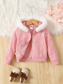 SHEIN 女童 3D 心形圖案荷葉邊拉鍊連帽外套，秋冬款。長袖，法蘭絨面料，優雅可愛，高品質，保暖柔軟，百搭，適合玩耍、日常穿著、上學，秋冬季節，可搭配白色襯衫，返校季 - 粉色 - 查看 5