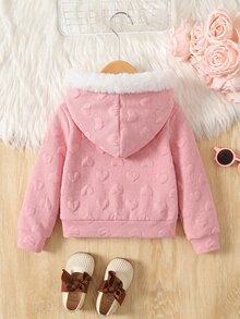 SHEIN 女童 3D 心形圖案荷葉邊拉鍊連帽外套，秋冬款。長袖，法蘭絨面料，優雅可愛，高品質，保暖柔軟，百搭，適合玩耍、日常穿著、上學，秋冬季節，可搭配白色襯衫，返校季 - 粉色 - 查看 7