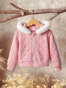 SHEIN 女童 3D 心形圖案荷葉邊拉鍊連帽外套，秋冬款。長袖，法蘭絨面料，優雅可愛，高品質，保暖柔軟，百搭，適合玩耍、日常穿著、上學，秋冬季節，可搭配白色襯衫，返校季 - 粉色 - 查看 4