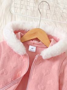 SHEIN 女童 3D 心形圖案荷葉邊拉鍊連帽外套，秋冬款。長袖，法蘭絨面料，優雅可愛，高品質，保暖柔軟，百搭，適合玩耍、日常穿著、上學，秋冬季節，可搭配白色襯衫，返校季 - 粉色 - 查看 6