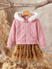 SHEIN 女童 3D 心形圖案荷葉邊拉鍊連帽外套，秋冬款。長袖，法蘭絨面料，優雅可愛，高品質，保暖柔軟，百搭，適合玩耍、日常穿著、上學，秋冬季節，可搭配白色襯衫，返校季 - 粉色 - 查看 3
