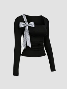 Sweetra Simple Vintage Office Commute Casual Sweet Spicy Daily Commute Afternoon Tea Store Visit Photo Shopping Date Square Neck Waist Side Ruched Left Shoulder Patchwork Silver Gray Polka Dot Satin Bow Ribbon Spring Autumn Winter Women's Black Top - Black - View 3