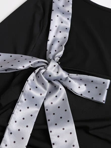 Sweetra Simple Vintage Office Commute Casual Sweet Spicy Daily Commute Afternoon Tea Store Visit Photo Shopping Date Square Neck Waist Side Ruched Left Shoulder Patchwork Silver Gray Polka Dot Satin Bow Ribbon Spring Autumn Winter Women's Black Top - Black - View 4