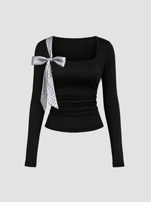 Sweetra Simple Vintage Office Commute Casual Sweet Spicy Daily Commute Afternoon Tea Store Visit Photo Shopping Date Square Neck Waist Side Ruched Left Shoulder Patchwork Silver Gray Polka Dot Satin Bow Ribbon Spring Autumn Winter Women's Black Top - Black - View 1