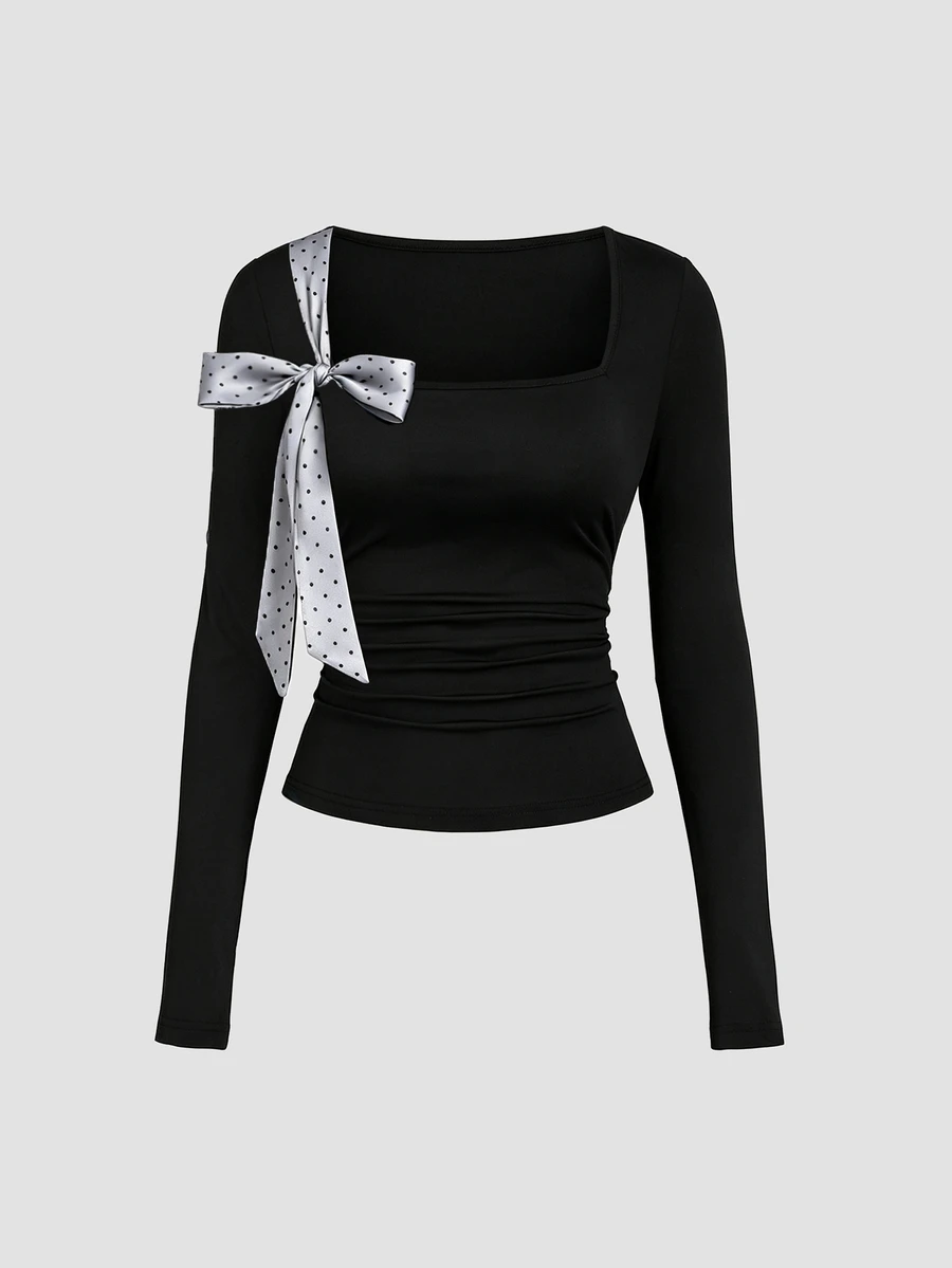 Sweetra Simple Vintage Office Commute Casual Sweet Spicy Daily Commute Afternoon Tea Store Visit Photo Shopping Date Square Neck Waist Side Ruched Left Shoulder Patchwork Silver Gray Polka Dot Satin Bow Ribbon Spring Autumn Winter Women's Black Top - Black - View 1