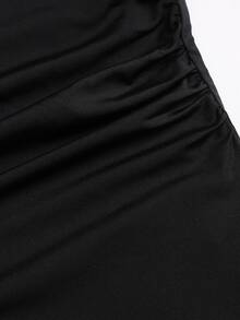 Sweetra Simple Vintage Office Commute Casual Sweet Spicy Daily Commute Afternoon Tea Store Visit Photo Shopping Date Square Neck Waist Side Ruched Left Shoulder Patchwork Silver Gray Polka Dot Satin Bow Ribbon Spring Autumn Winter Women's Black Top - Black - View 5