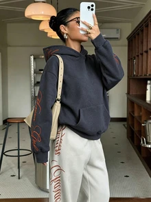 深炭灰色，青少年女孩休閒時尚街頭 Y2K 字母圖案寬鬆舒適連帽衛衣（附口袋）適合秋冬日常、旅行、街頭、校園、時尚新季節 - 白色 - 查看 5
