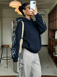SHEIN 海軍藍 青少年女孩休閒時尚街頭風 Y2K 字母圖案寬鬆舒適連帽衛衣（附口袋）適合秋冬日常、外出、街頭、校園、時髦新季節 - 白色 - 查看 5