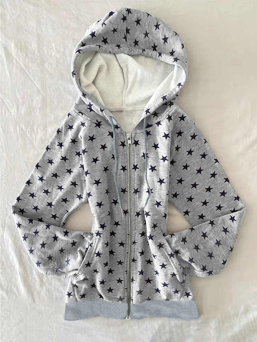 IslaSuriya Women's All-Over Print Drawstring Hooded Casual Streetwear Y2k Daily Travel Everyday Long Sleeve Jacket School Work Grey Fall - Multicolor - View 1