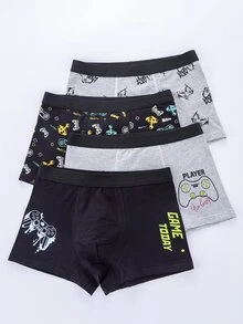 4 pezzi/set Boxer da ragazzo con stampa cartoni animati, nero e grigio, comodi, adatti per tutte le stagioni - Multicolore - Visualizzare 7