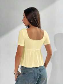 SHEIN EZwear 女式简约方领短袖 T 恤上衣，黄色，夏季 - 黃色 - 查看 2