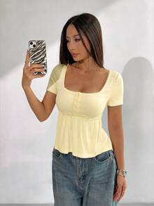 SHEIN EZwear 女式简约方领短袖 T 恤上衣，黄色，夏季 - 黃色 - 查看 4
