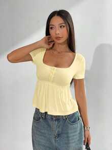 SHEIN EZwear 女式简约方领短袖 T 恤上衣，黄色，夏季 - 黃色 - 查看 3