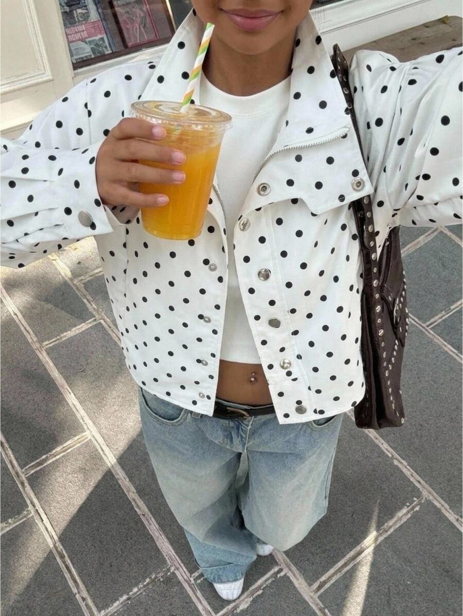 SHEIN Kids Tween Girl New Retro Fashion Autumn Polka Dot Print Long Sleeve Zip-Up Winter Jacket Casual Loose Short Set Y2K Back To School