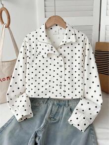 SHEIN Kids Tween Girl New Retro Fashion Autumn Polka Dot Print Long Sleeve Zip-Up Winter Jacket Casual Loose Short Set Y2K Back To School - White - View 7